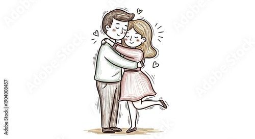 Romantic couple embracing, man lifting woman, tender moment, love illustration