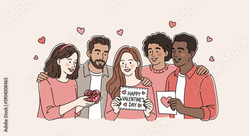 Group of friends embracing and holding signs with hearts surrounding them in a joyful illustration
