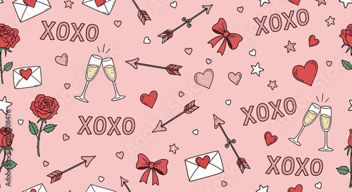 Celebratory pattern featuring roses, champagne, hearts, and arrows on a soft pink background