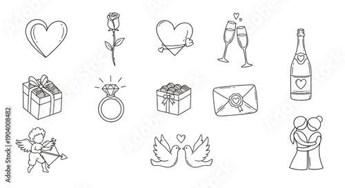 Romantic Wedding Icons Set with Love Symbols and Celebration Elements in Line Art Style
