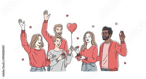 Group of diverse people celebrating love and friendship together with heart-shaped balloons