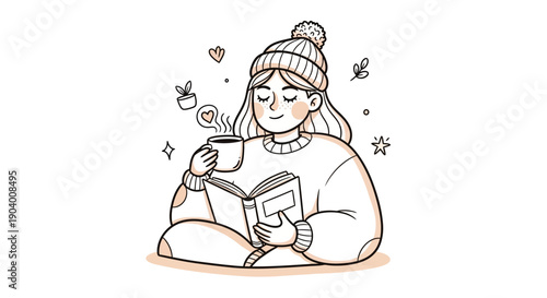 Woman reading a book surrounded by symbols and ornaments in a serene winter scene illustration