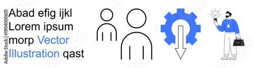 Business solutions, teamwork, creativity, innovation, process optimization, visual communication. Two user icons, a gear with down arrow and a person with a lightbulb. Teamwork and innovation