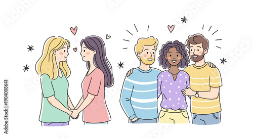 Group of young adults interacting and showing affection towards each other in a friendly gathering illustration