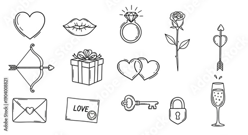 Collection of love symbols including heart, lips, and rose, depicted in simple line illustrations