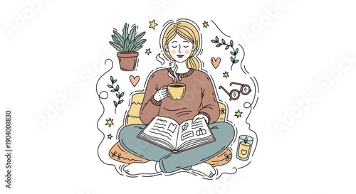 Woman reading a book and drinking coffee surrounded by plants and hearts in a cozy atmosphere