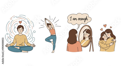 Serene illustrations of people practicing yoga and self-love with positive affirmations in a peaceful environment from a straightforward viewpoint Whisk