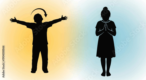Silhouetted children standing with distinct postures against a gradient background, Whisk reference, Illustrative representation, contrasting poses, and vibrant colors