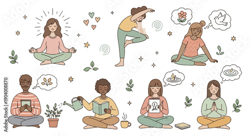 Diverse individuals practicing yoga and meditation in serene environments, surrounded by plants and stars, from a top-down viewpoint.