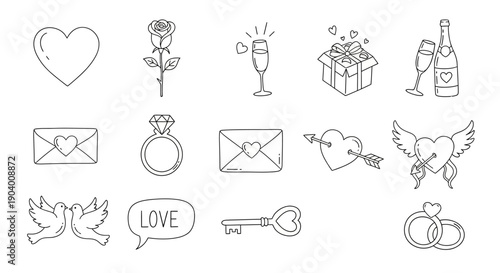 Hand-drawn illustrations of love symbols including hearts, flowers, and wedding elements arranged in a grid pattern on a clean background