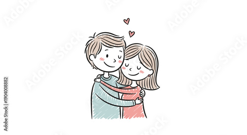Illustration of a young couple embracing with hearts above them from a front viewpoint