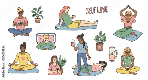 People engaging in various relaxing activities like meditation and yoga in a serene environment for self love and wellness