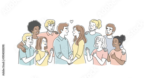 Group of diverse people gathered together, interacting and communicating in a casual social setting from a straightforward viewpoint.