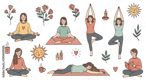 Yoga illustrations of women in various poses surrounded by nature elements and wellness symbols