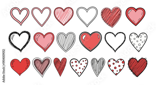 Collection of assorted hand-drawn hearts in various styles and colors displayed on a clean background