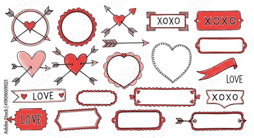 Collection of red and white heart-shaped elements and labels in various designs and styles, including arrows and text, for Valentine's Day or romantic themes