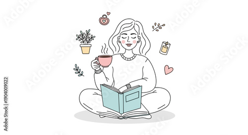 Woman meditating with a cup of coffee and a book surrounded by plants and hearts in a serene environment