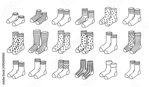 Simple Doodle Socks Vector Set Hand Drawn Outline Sock Collection Isolated Illustration