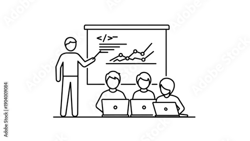 Businessman presenting to colleagues with laptops.