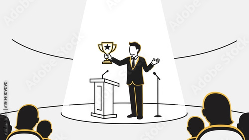Man Holding Trophy on Stage Speaking.