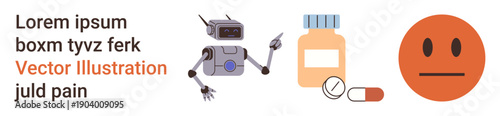 Healthcare innovation, robotics in medicine, pharmaceutical technology, human emotions, pain management, AI in healthcare. Robot gestures to pills and a neutral face. Healthcare innovation, robotics