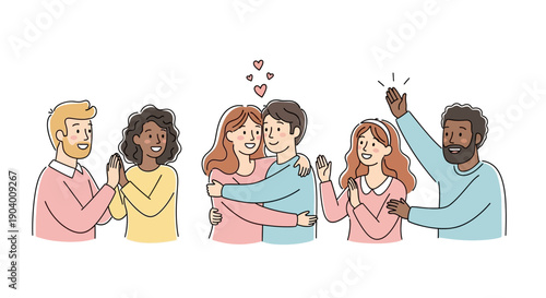 Diverse group of friends embracing and celebrating together with joyful gestures and happy expressions in a heartwarming illustration vector art