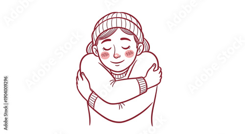 Illustration of a serene woman embracing herself with a warm smile