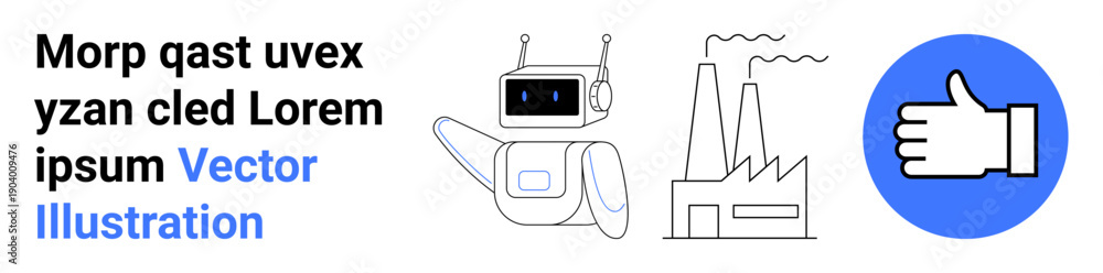 Obraz premium Robotics, manufacturing, industrial automation, AI technology, approval process, innovation illustration. Robot with factory and thumbs-up symbol. Robotics and industrial automation concept