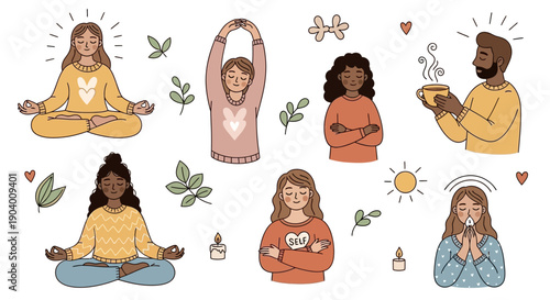 Illustration of diverse people meditating and practicing yoga surrounded by leaves and hearts