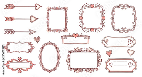 Vintage Frames and Arrows Illustration Set with Floral and Heart Details
