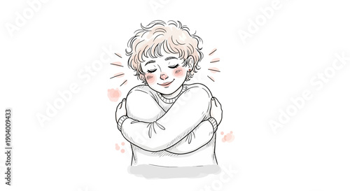 Illustration of a young person embracing themselves with a warm smile, conveying self-love and contentment