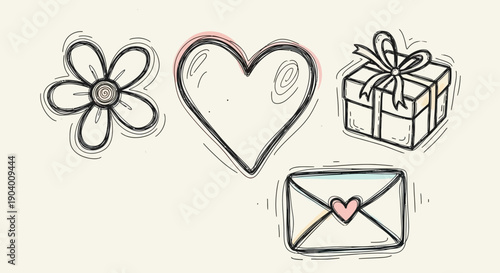 Hand-drawn symbols of love and affection including hearts, flowers, and gifts in a whimsical illustration