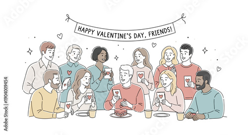 Friends gathered around the dinner table celebrating Valentine's Day with cards and wine