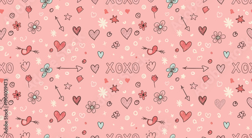 A vibrant seamless pattern of hearts, stars, and arrows on a soft pink background, Whisk vector illustration.