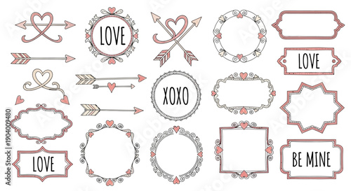Collection of ornate frames and labels with floral patterns and arrows, displaying affectionate words and phrases in a decorative layout.