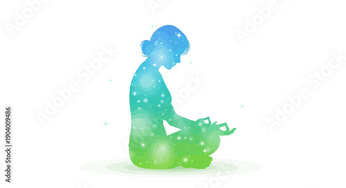 A serene illustration of a person meditating surrounded by abstract shapes and vibrant colors from a front viewpoint