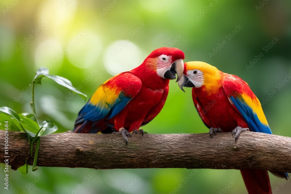 Fototapeta premium Two Vibrant Macaws Preening Each Other on a Branch in a Lush Tropical Setting