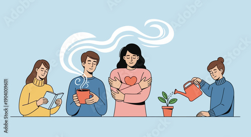 Illustration of people sharing emotional support and nurturing a plant together in a serene environment