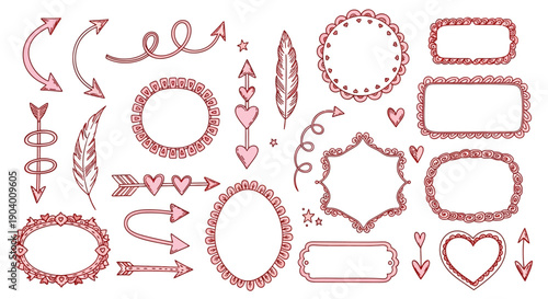 A collection of red ornate frames and decorative elements in a digital illustration
