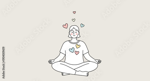 A person meditating with hearts around them, promoting mindfulness and inner peace, illustrated in a simple line art style.