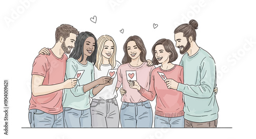 Group of friends sharing moments and love on their mobile devices together in a casual setting