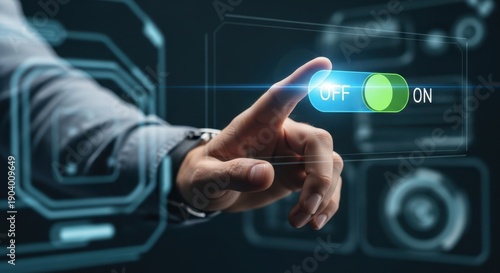 Hand pressing a virtual toggle switch to turn On a system, representing activation and going live with a project.