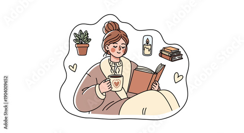 Woman relaxing at home with a book and tea surrounded by plants and personal items in a cozy environment