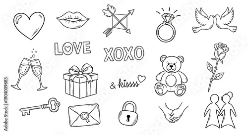 Illustration of love symbols including hearts, kisses, and gifts, showcasing affection and tenderness in a simple line art style.