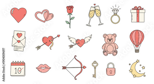 Valentine's Day icons set, romantic symbols and gifts displayed together, love and affection illustration, digital artwork, white background, Whisk_8734b33706d0674a173449d53f2657dadr.eps reference
