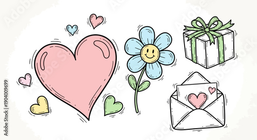 Hand-drawn illustration of a heart, flower, gift, and letter showcasing love and affection from various viewpoints.