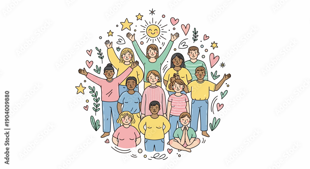 Naklejka premium Diverse group of people joyfully gathered together surrounded by hearts and stars in a circular illustration