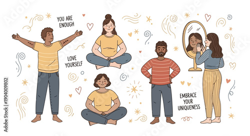 Illustration of people in various yoga poses and self-reflection with motivational phrases