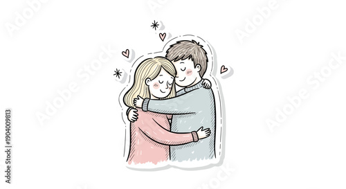 Illustration of a couple embracing with hearts surrounding them, depicted in a whimsical style