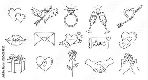 Collection of Line Art Illustrations Depicting Love and Romance Symbols